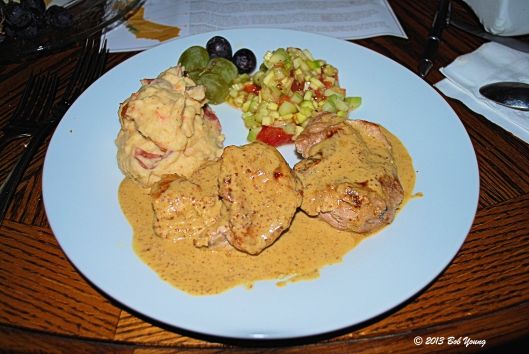 Truffle Butter Sauteed Idaho Wild Chukar and Pheasant with mustard cream sauce Mashed Garlic Carrots and Potatoes Tomato and Cucumber Salad with  kumquat dressing