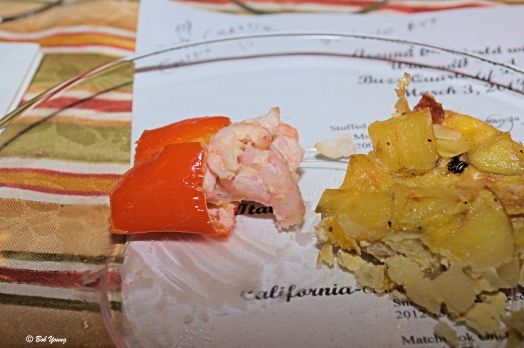 This is the stuffed pepper. Notice the shrimp. Cristi a bag of Winco sweet peppers. Roasted them about 30 minutes in the oven. Mixed the shrimp with onion, tomato, mayonnaise and sherry. It was an awesome appetizer.