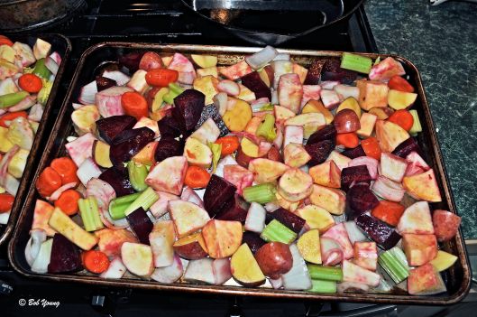 Root vegetables getting ready to be roasted.