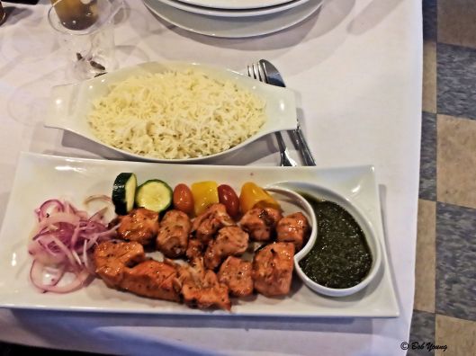 Chicken Kabob: Tender chunks of chicken breast, marinated in special herbs, spices and broiled over the grill.