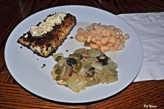 Braised Mahi Mahi with Homemade Tartar Sauce and Bread Crumbs  Rosemary White Beans Onion and Asparagus with Morel Mushrooms