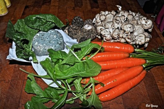 Arugula, Carrots, Rolingston Chevre Blue Goat Cheest, Fresh Morels and a new mushroom to me, Fresh Mataki.
