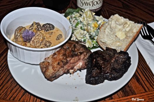 Lamb Ribs and Chop Morel Mushrooms in Dry Sherry and Leek Fondue Spring Bounty Potato Salad Acme Bakery Baguette 2004 Sawtooth Winery Petit Verdot