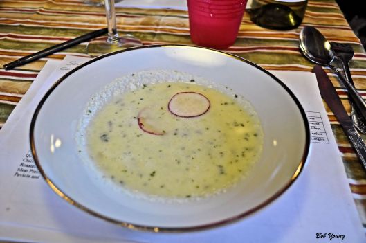 Chilled Cucumber Soup 2011 Morse Code Chardonnay 12.0% alc. really a super wine with this soup. great body, taste and finish. [19] $13.00