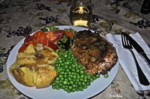 Green Peas Baked Potato Fresh Green Garden Salad Baked Chicken with homemade bread crumbs infused with fresh sage and thyme 2010 Fujishin Family Cellars Viognier from the Snake River AVA, Idaho