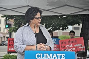 Cheri Buckner-Webb, District 19 Senator, addresses the crowd on the effects of climate change on agriculture within the state. She is on the State Agriculture Committee.