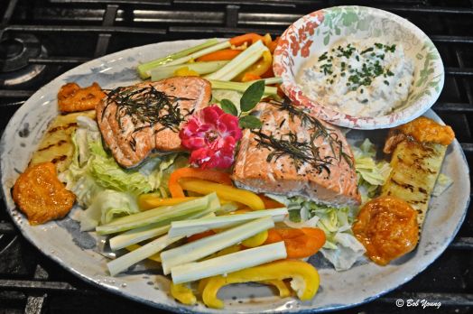 Maggie's Summer Salmon Salad - Grilled Cedar Plank Copper River Salmon, Sweet Pepper Slices, Celery Slices, Grilled Pineapple, Grilled Apricot, Crab Dip - East Coast Style and Chopped Lettuce. Next week - probably stuffed peppers one day. Hope Maggie and Trish enjoy this plate. Cheers!