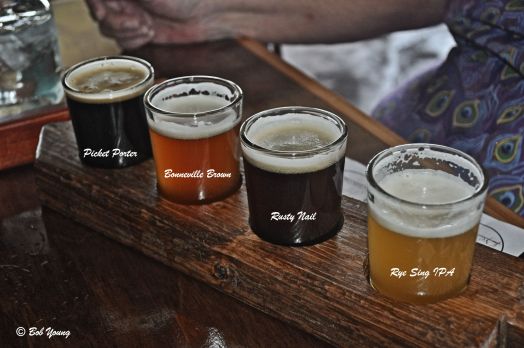 The beer flight was good. Just the right size. Robin liked the Picket Porter best and I liked the Bonneville Brown best.  Robin liked the Bonneville least and I liked the porter least.