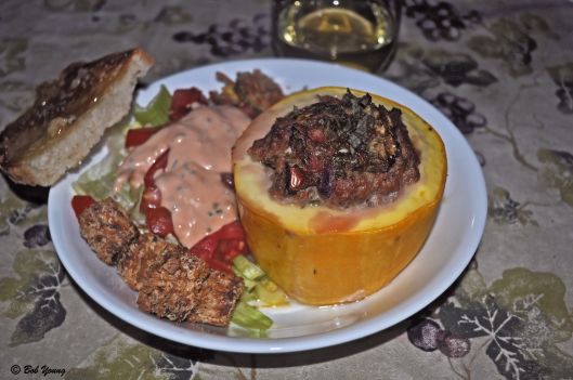 Stuffed Heirloom Squash Cheese Bites Green Salad with Pomegranate Juice Dressing  Acme Bake Shop Sourdough bread and Zucchini Rounds