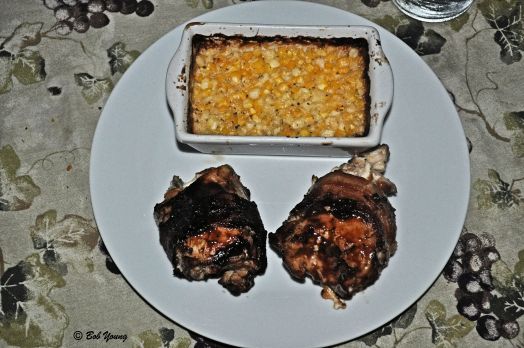 Chicken Bomb plated with Baked Corn