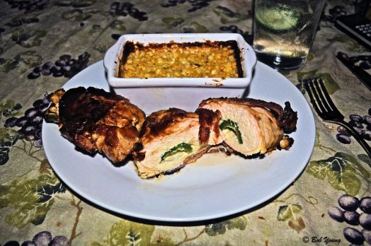 The Chicken Bomb opened up to see the jalapeno stuffing.