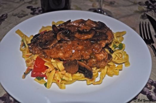 Chicken Marsale with Home Made Pasta and Tomatoes and Parsley Acme Bake Shop Toasted Potato Bread 2001 Tiziano Chianto Reserva