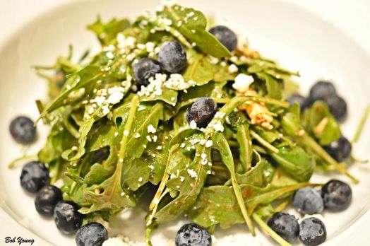 Baby Arugula Salad with Berries and Gorgonzola Gorgonzola is not one of my favorite cheeses, but the combinations in the salad worked very well with the cheese. It was suggested to add some nuts to the salad.