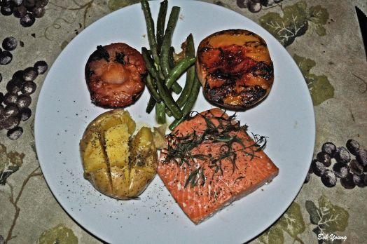 Alaskian Coho Salmon Baked Potato Sauteed Fresh Green Beans with Garlic Grilled Pluots and Peach We served this with a Republic of Georgia Red and a Dessert White wine.