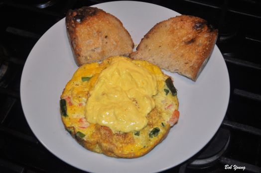 Shrimp and Asparagus Omelet with Hollandaise Sauce and Toasted Acme Bake Shop Sourdough