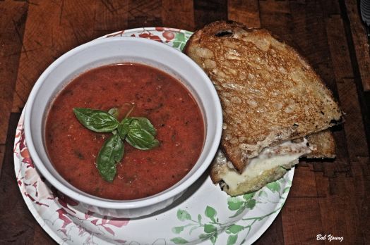 Housemade Cream of Fresh Basil Tomato Soup Grilled Cheese Sandwich on Sourdough