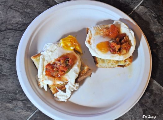 Poached Eggs on Acme Bake Shop Toasted Ciabatta Housemade Heirloom Salsa