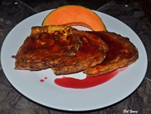 French Toast Made with Acme Bake Shop Sourdough Raspberry Syrup Cantaloupe