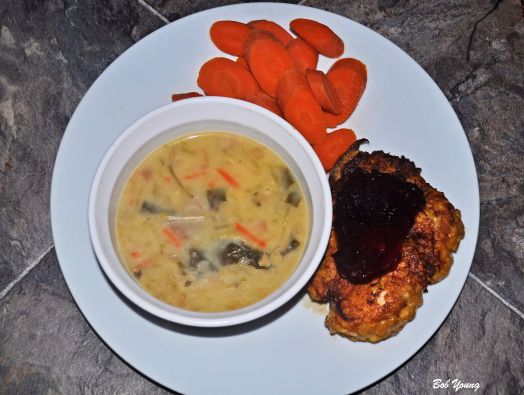 Angel's Cream of Broccoli Soup Candied Carrots Braised Herbed Chicken with Housemade Plum Sauce