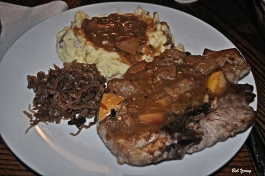 Pork Chops with Ginger Pear Sauce Housemade Sauerkraut Mashed Potatoes