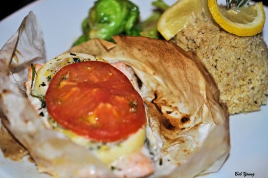 Saumon Papillotte Salmon with white wine, tomato and shallot baked in parchment paper