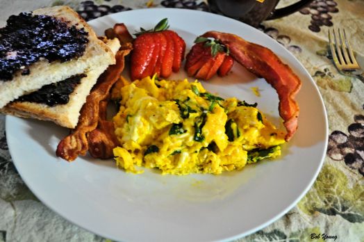 Eggs Florentine Bacon Acme Bake Shop Sourdough Toast with Housemade Idaho Hucklenberry Jam Strawberry Fan