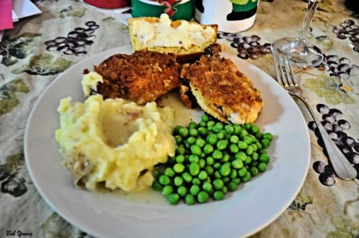 Fried Chicken, Housemade Cornbread, Peas, Mashed Potatoes Chicken Gravy