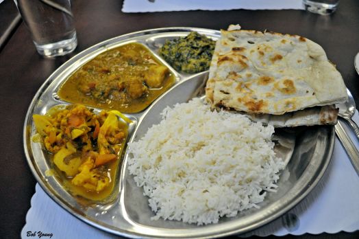 Basmati Rice Naan (Bread) Spinach and Cheese Vegetables Chicken Curry Potato and Cauliflower