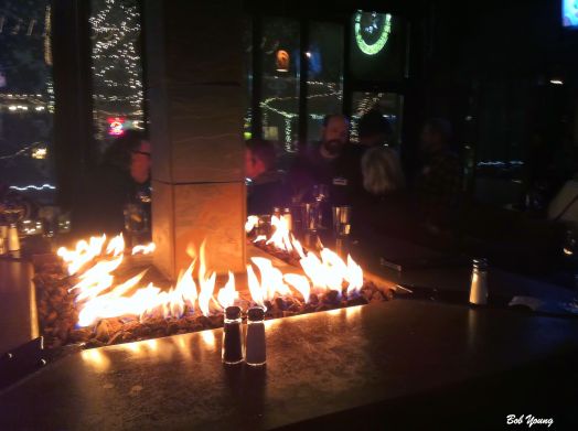 The fire situated in the center of the room. We sat around this awesome and warm fireplace.