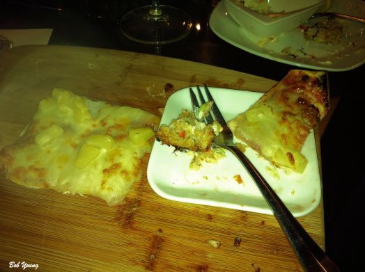 Pizza Crab Cakes Awesome pizza! Ham, pineapple, cheese, Chipotle sauce, Raspberry Sauce on Flatbread