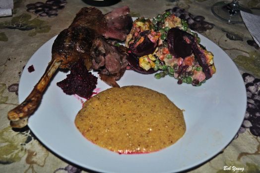 Idaho Florini Polenta Housemade Cranberry Sauce 5 Hour Roasted Goose Layered Russian Salad (the recipe will be posted above) 2002 Ridge California Dynamite Hill Petite Sirah