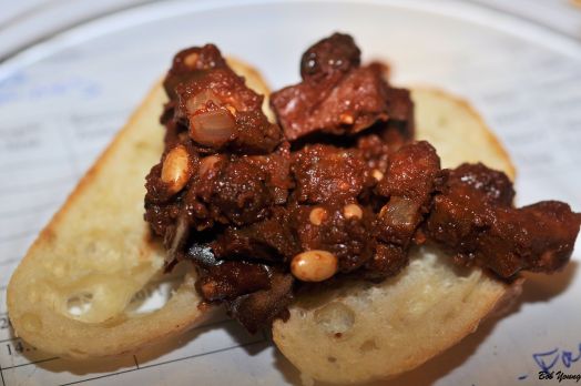 Caponata Crostini reall a good appetizer. Too bad the wine was not up to the spiciness. 2012 Heritage Cote du Rhone 14% alc. definitely not the best wine of the evening. not enough body and finish to go with the appetizer [15] $14.00