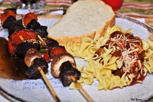 Pasta Marinara and Beef Kabob I really enjoyed this entree. Great sauce on the kabobs made with beer. 2008 Two Angels Petite Sirah 14.1% alc a superb wine with this plate. great taste, body and a good finish.  [19] $21.00