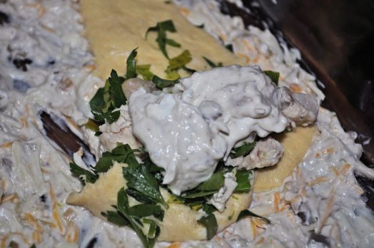 Roll pre-cooked chicken pieces in the rolls and lay them on the soup bottom.