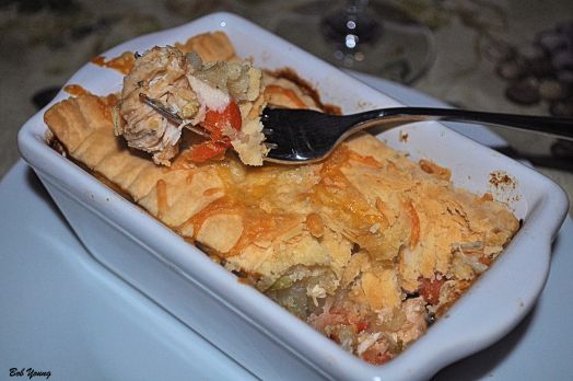 Chicken Pot Pie in a rectangular dish. Works any way you want to make them. Delicious!