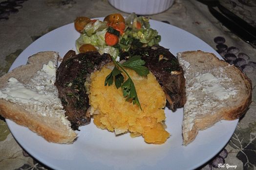 Baked Lamb Chops Smashed Turnip and Parsnip, Acme Bake Shop Sourdough Bread Fresh Green Salad 2013 Bedrock Wine Company Grenache