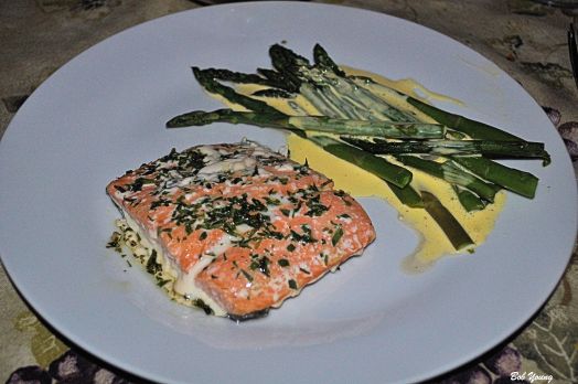 Baked Copper River Salmon with Myers Lemon Infused Olive Oil Tarragon Steamed Asparagus with Hollandaise Sauce Ben and Jerry's Penut Butter Fudge Ice Cream and Ben and Jerry's Cherry Garcia Ice Cream