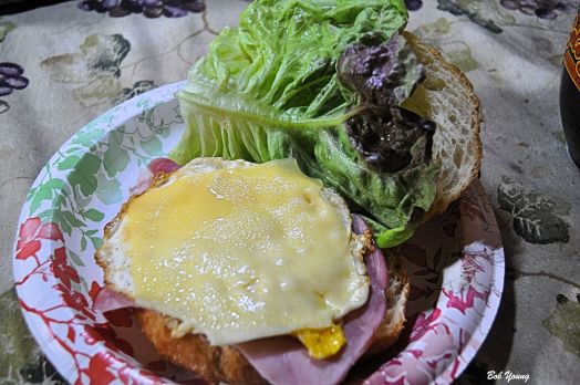 After the market, one must have breakfast. Check this one out that I made for us! Gaston Bakery Croissant Purple Sage Farms Fresh Lettuce Meadowlark Farms Fresh Egg Boars Head Ham and Swiss Cheese (Not from the market!)