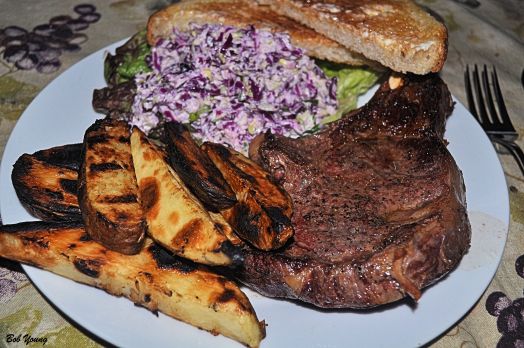 Homestead Farms Beef Rib Steak Idaho Grilled Potato Wedges Slaw on Purple Sage Lettuce 2004 Bitner Vineyards Reserve Caberbet Sauvignon 2008 Indian Creek Cabernet Sauvignon