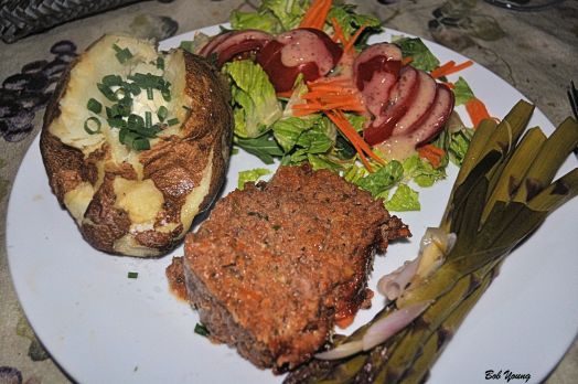Ridge Winery Lamb Meatloaf Baked Idaho Potato with Creme Fresh and Chives Fresh Green Salad with Tomatoes