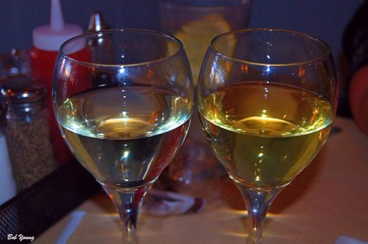 Sauvignon Blanc (Chile) on the left and a Kendal Jackson Chardonnay on the right. Look at the color difference.