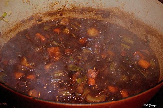 Mushrooms are added to the pot. 1 hour into the cooking process. This house smells so good!!
