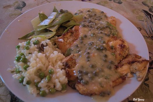 Chicken Piccata with Truffle Risotto and Peas and Steamed China Peas and Celery. 1990 Indian Creek (Idaho) Chardonnay 