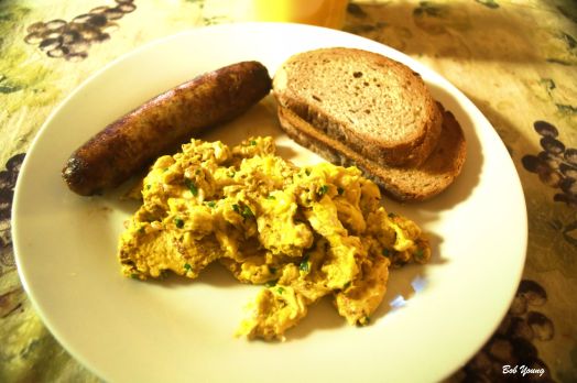 Meadowlark Farms Scramble with Fresh Chives Big Lost River Garlic and Rosemary Sausage Acme Bake Shop Toasted Rye
