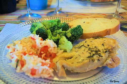 Herbed Chicken Broccoli Saffron Tomato Rice 2012 Fernandez Gomez Rioja 14% alc. superb match. went very well with the broccoli. [19] 