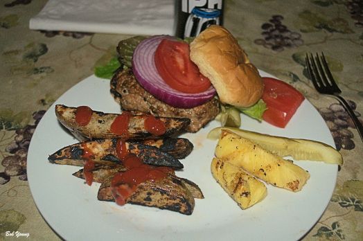 Grilled Turkey/Sausage Burger Grilled Pineapple Grilled Potato Wedges 10 Barrel Apocalypse IPA