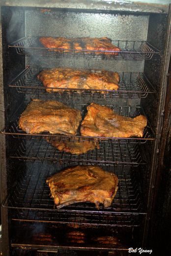 And the ribs just coming out of the smoker. Top Two Shelves - Memphis Rub. Middle Shelf - Casey's Hot Sop and the bottom shelf, Regular rub or garlic, onion and salt and pepper.