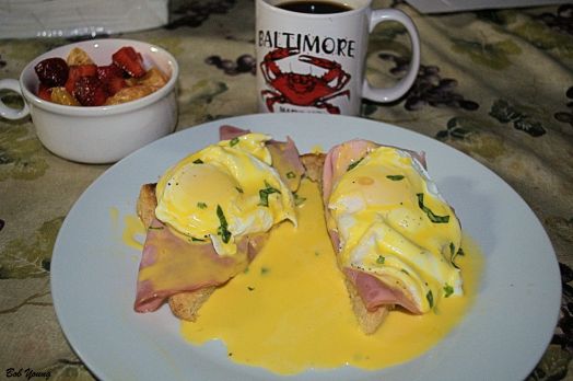 Modified Eggs Benedict Fresh Strawberries Coffee