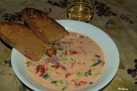 Coconut Shrimp Soup Acme Bake Shop Red Wheat Toast Pinot Grigio