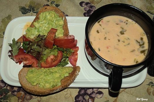 Avocado and Garlic Bruschetta Green Salad Shrimp Soup